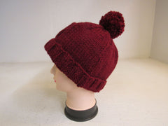 Handcrafted Beanie Owl Hat Cranberry Pom Pom 100% Merino Female Adult -- New