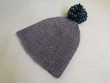 Handcrafted Beanie Gray Teal Pom Pom 100% Merino Female Adult -- New