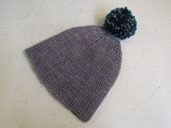 Handcrafted Beanie Gray Teal Pom Pom 100% Merino Female Adult -- New