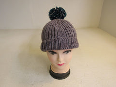 Handcrafted Beanie Gray Teal Pom Pom 100% Merino Female Adult -- New