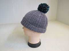 Handcrafted Beanie Gray Teal Pom Pom 100% Merino Female Adult -- New