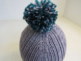 Handcrafted Beanie Gray Teal Pom Pom 100% Merino Female Adult -- New