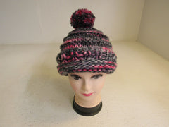 Handcrafted Beanie Hat Multicolored Super Bulky Pom Pom 100% Merino Female Adult -- New