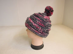 Handcrafted Beanie Hat Multicolored Super Bulky Pom Pom 100% Merino Female Adult -- New