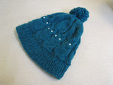 Handcrafted Beanie Owl Hat Teal Pom Pom 100% Merino Female Adult -- New