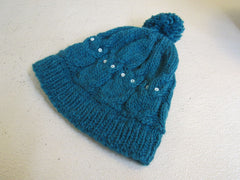 Handcrafted Beanie Owl Hat Teal Pom Pom 100% Merino Female Adult -- New