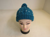 Handcrafted Beanie Owl Hat Teal Pom Pom 100% Merino Female Adult -- New