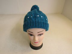 Handcrafted Beanie Owl Hat Teal Pom Pom 100% Merino Female Adult -- New