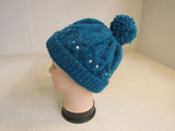 Handcrafted Beanie Owl Hat Teal Pom Pom 100% Merino Female Adult -- New