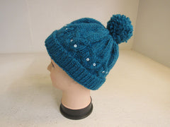 Handcrafted Beanie Owl Hat Teal Pom Pom 100% Merino Female Adult -- New