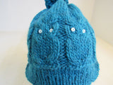 Handcrafted Beanie Owl Hat Teal Pom Pom 100% Merino Female Adult -- New