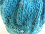 Handcrafted Beanie Owl Hat Teal Pom Pom 100% Merino Female Adult -- New