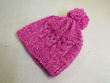 Handcrafted Beanie Owl Hat Hot Pink Light Pink Pom Pom 100% Merino Female Adult -- New
