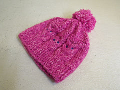 Handcrafted Beanie Owl Hat Hot Pink Light Pink Pom Pom 100% Merino Female Adult -- New