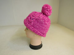Handcrafted Beanie Owl Hat Hot Pink Light Pink Pom Pom 100% Merino Female Adult -- New