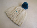 Handcrafted Owl Hat Cream Teal Pom Pom 80% Acrylic 20% Wool Female Adult -- New