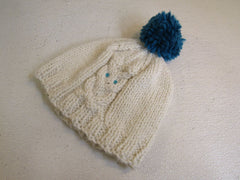 Handcrafted Owl Hat Cream Teal Pom Pom 80% Acrylic 20% Wool Female Adult -- New