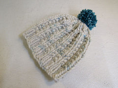 Handcrafted Beanie Hat Cream Teal Pom Pom 100% Merino Female Adult -- New