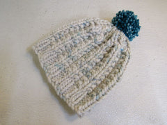 Handcrafted Beanie Hat Cream Teal Pom Pom 100% Merino Female Adult -- New