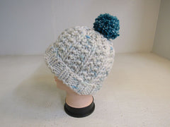 Handcrafted Beanie Hat Cream Teal Pom Pom 100% Merino Female Adult -- New