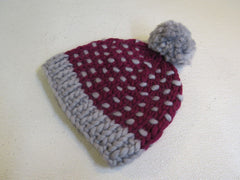 Handcrafted Beanie Hat Cranberry Gray Pom Pom 100% Merino Female Adult Polka Dot -- New