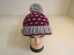 Handcrafted Beanie Hat Cranberry Gray Pom Pom 100% Merino Female Adult Polka Dot -- New