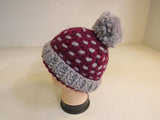 Handcrafted Beanie Hat Cranberry Gray Pom Pom 100% Merino Female Adult Polka Dot -- New