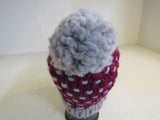 Handcrafted Beanie Hat Cranberry Gray Pom Pom 100% Merino Female Adult Polka Dot -- New