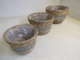 Potey Planter Baskets Lot of 3 Grey Hand Woven Seagrass Fiber -- New