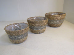 Potey Planter Baskets Lot of 3 Grey Hand Woven Seagrass Fiber -- New