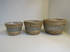 Potey Planter Baskets Lot of 3 Grey Hand Woven Seagrass Fiber -- New