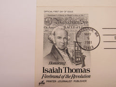 USPS Scott UY32 12c Isaiah Thomas Patriot Postal Reply Card First Day of Issue -- New