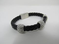 Designer Braided Bangle Bracelet Black/Silver Clear Gemstones Female Adult -- Used