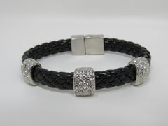 Designer Braided Bangle Bracelet Black/Silver Clear Gemstones Female Adult -- Used