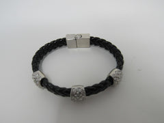 Designer Braided Bangle Bracelet Black/Silver Clear Gemstones Female Adult -- Used