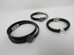 Designer Bangle Bracelets Set of 3 Black/Silver Flower Design Female Adult -- Used