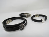 Designer Bangle Bracelets Set of 3 Black/Silver Flower Design Female Adult -- Used