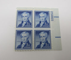 USPS Scott 1038 Vintage 5c James Monroe Plate Block Mint Never Hinged/MNH -- New