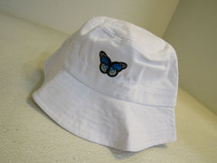 Tangka Beach Bucket Hat Embroidered Blue Butterfly White Female -- New