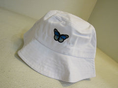 Tangka Beach Bucket Hat Embroidered Blue Butterfly White Female -- New