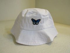Tangka Beach Bucket Hat Embroidered Blue Butterfly White Female -- New