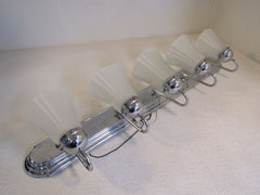 Standard Bathroom Fixture Wall Mount Light 5 Bulbs 36in x 8in Chrome/Frosted -- Used