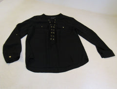 INC Blouse Black Lace Up Front Polyester Female Size 8 -- Used