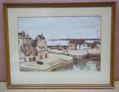 Custom Made Harbor Scene Picture Framed 11 1/2 x 7 1/2  Vintage Paper  -- Used