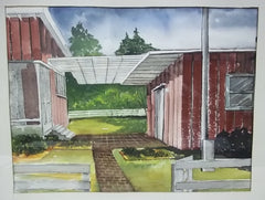 Handmade Patio Scene Watercolor 17 1/2in x 13in Unsigned  * Paper Glass -- Used