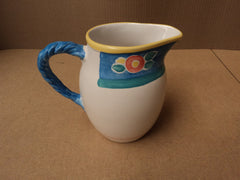 Handcrafted Drink Pitcher 8 1/4in H x 6 1/2in Diameter White/Blue/Pink Ceramic -- Used