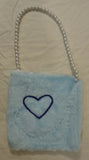 Designer Girls Blue Fuzzy Purse With Pearl Strap And Heart Decal -- New