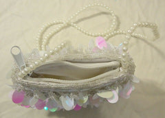 Designer Girls White Sequin Purse With Beaded Strap -- New