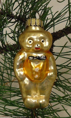 Teddy Bear with Vest and Bow Tie Ornament Germany Glass Gold -- Used