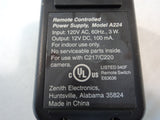 Zenith Remote Controlled Power Supply Black 120VAC 60Hz 3W 12VDC 100mA A224 -- Used